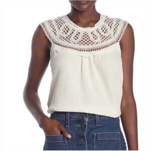Forgotten Grace Size S Boho Crochet Yoke Sleeveless Beige Knit Top